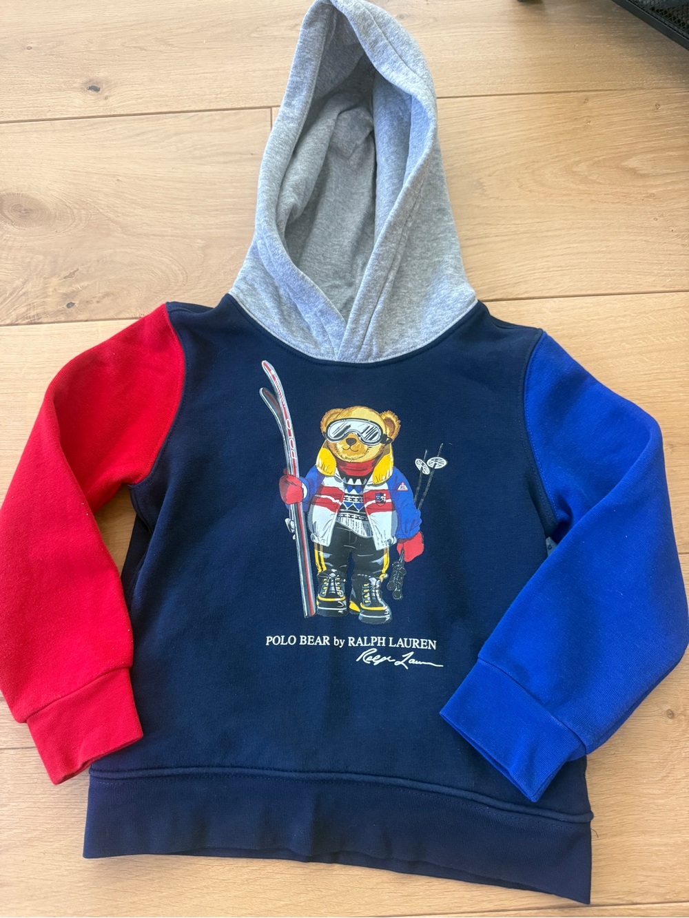 Polo by Ralph Lauren Navy Hoodie with Red and Blue Sleeves- Teddy bear - Picture 3 of 3